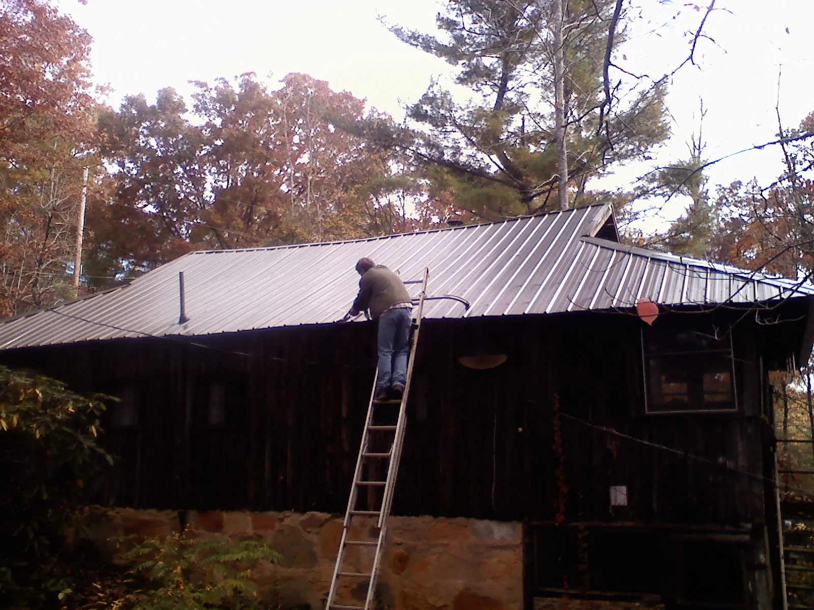 Roofer on a ladder working along the edge of a cabin metal roof in Hemlock